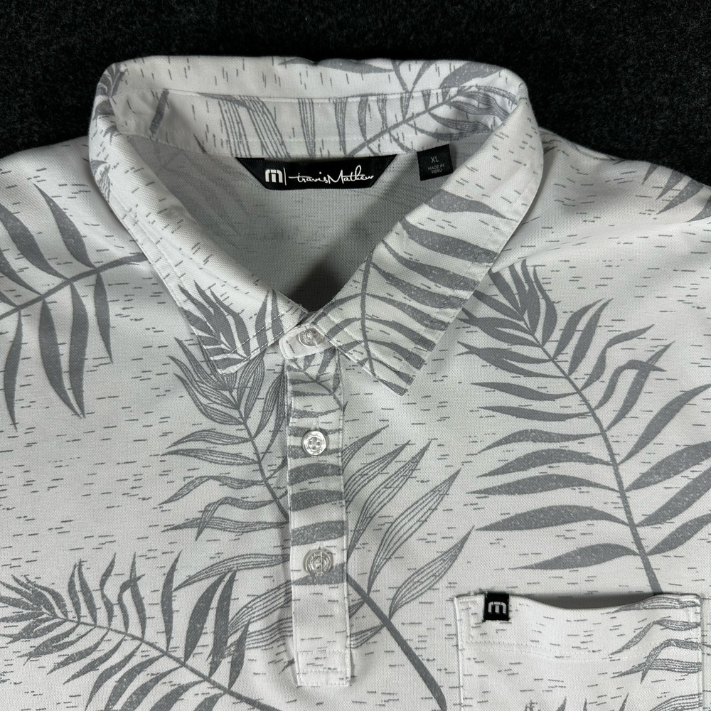 Travis Mathew Golf Polo Shirt Mens XL White Tropical Palm‎ Frown Performance
